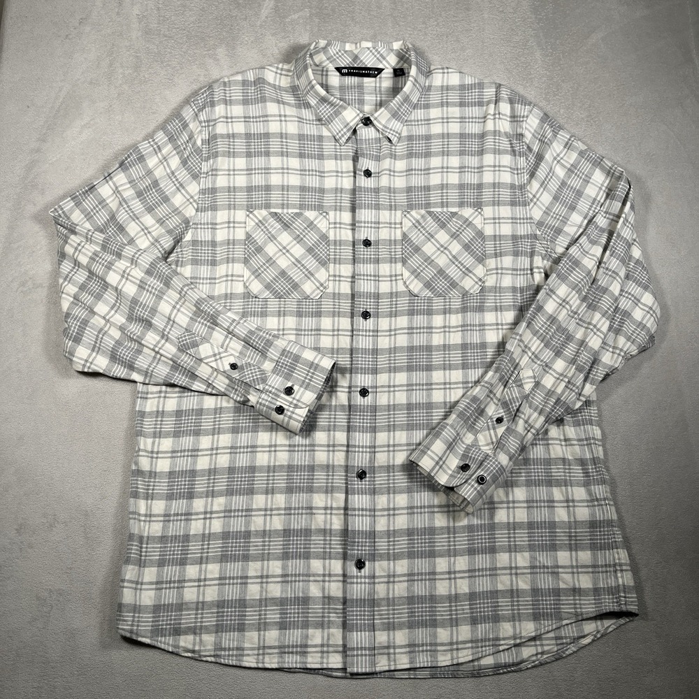 TravisMathew Men XL Plaid Long Sleeve Button Front Shirt Gray White Cotton Blend - Picture 2 of 7